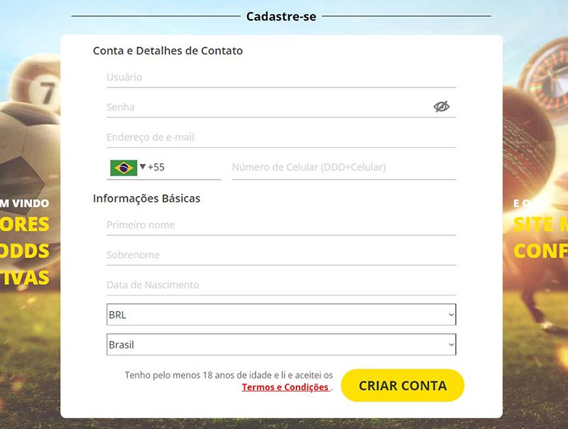 O formulário de registro deve ser preenchido com seus dados pessoais.